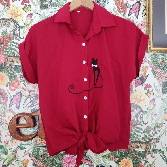 Retro Embroidered Cat Button Down with Tie XL Rockabilly - Picture 2 of 7
